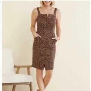 Level 99 spiced leopard brown linen blend button front dress size Small‎ NWT
